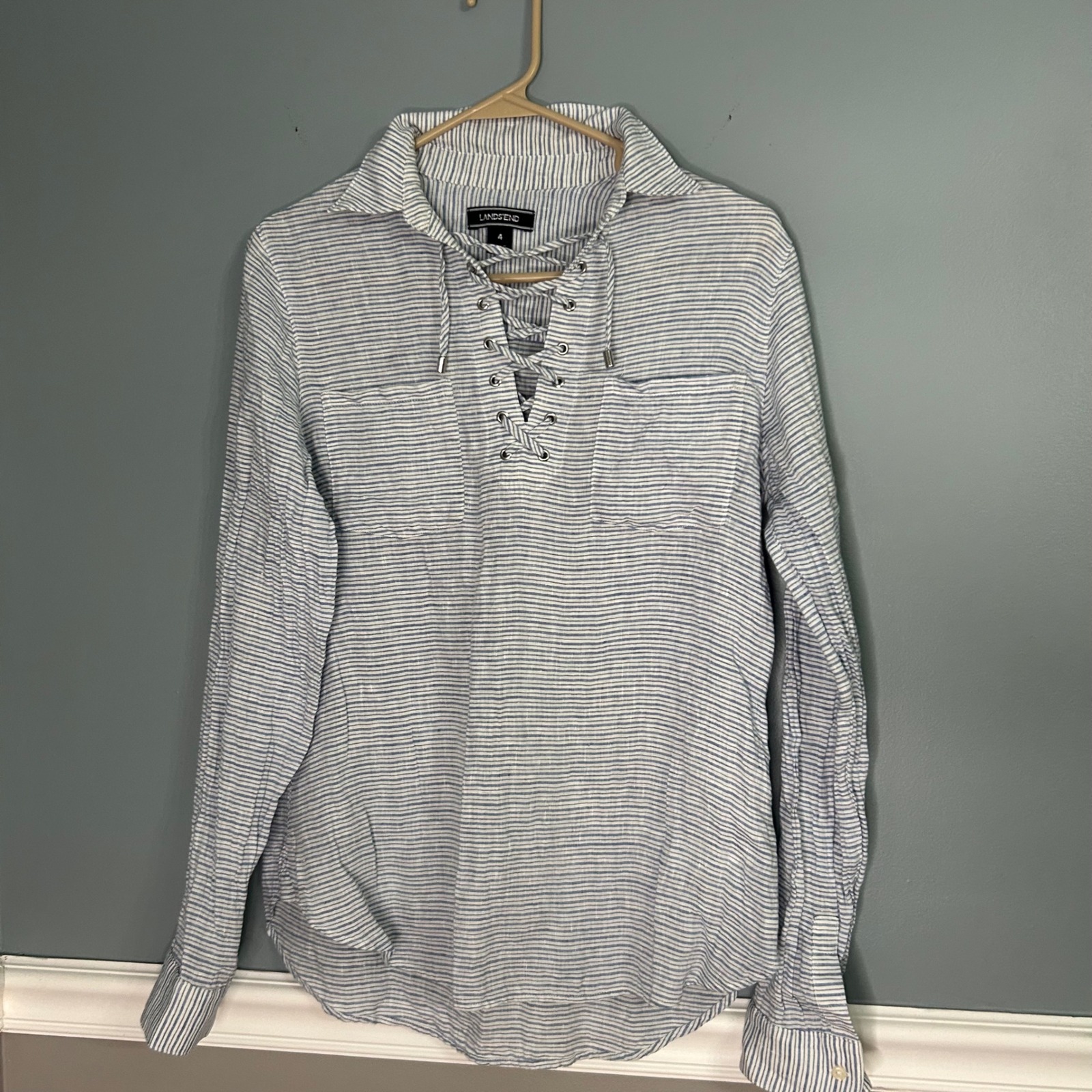 Lands End Womens Blue White Striped 100% Linen Lace Up Tunic Top Size 4